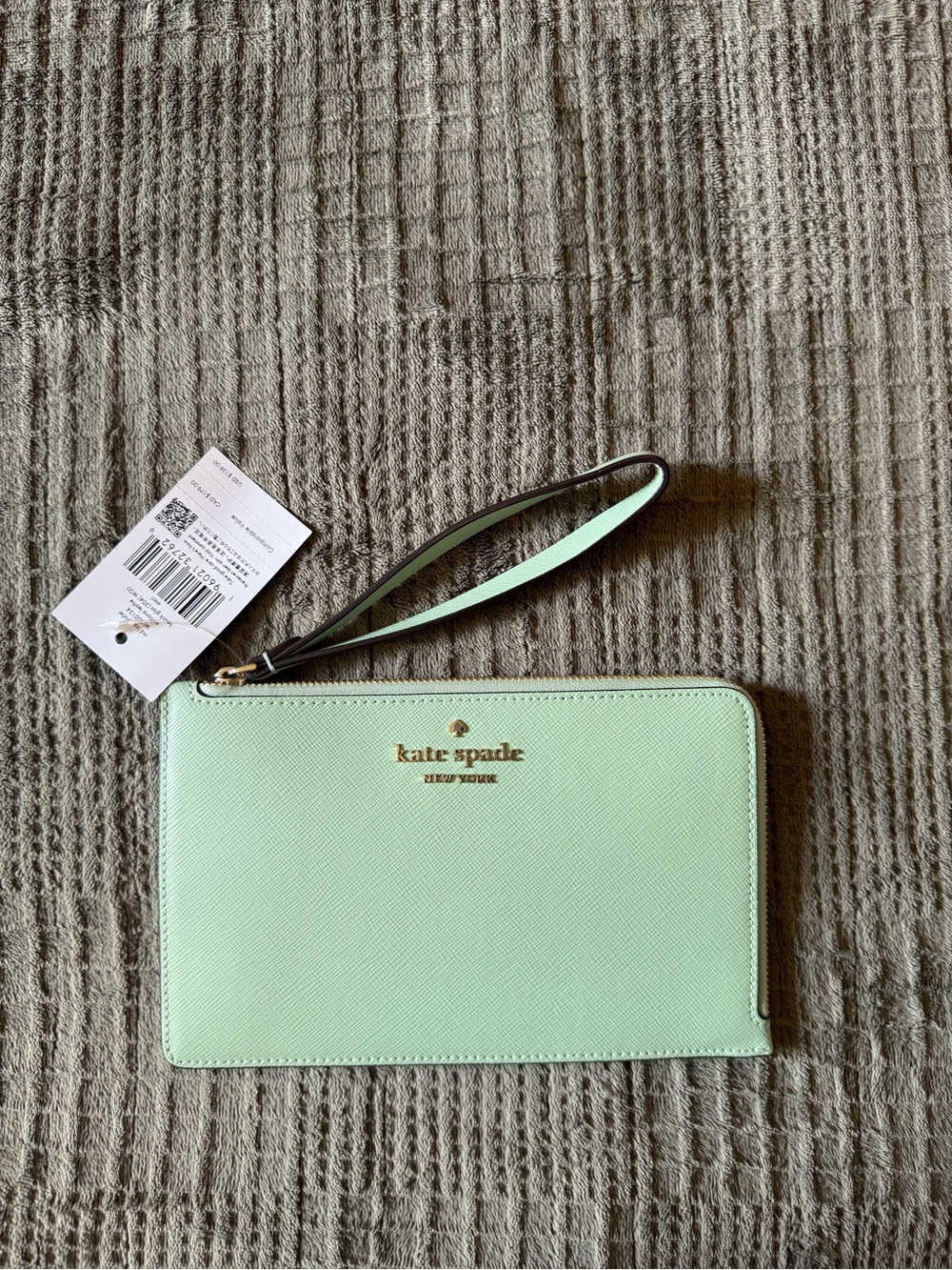 kate spade Mint Green Leather Wristlet Clutch with Gold Logo